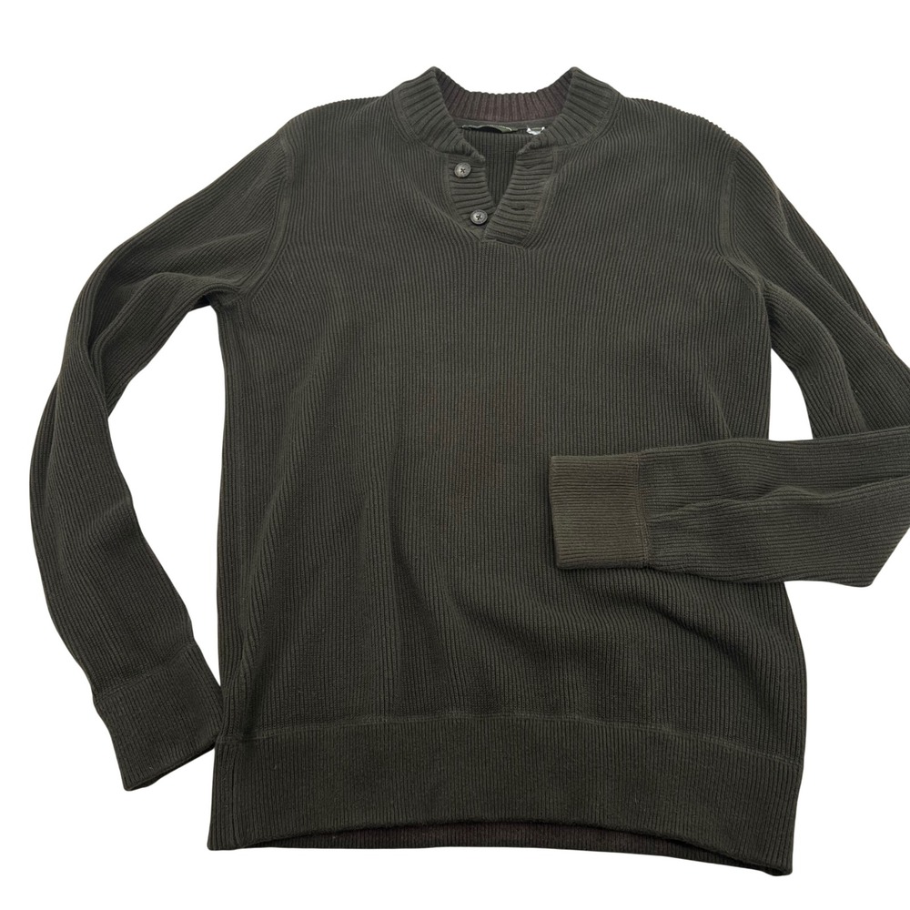 Eddie Bauer Mens XLT Olive Green Ribbed Cotton Henley‎ Sweater Mock Neck 2869